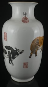 A Rare Famille-Rose Painted Gold Buffalo Pattern Vase,With Poem