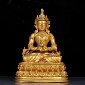 An Exquisite Gilt Bronze Inlaid Turquoise Statue of Amitayus?With Inscription