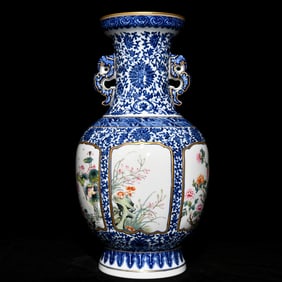 A Huge Blue and White Famille-Rose Painted Gold Flower Pattern Double-Ears Vase