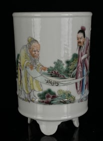 An Exquisite Famille-Rose Character and Story Pattern Tripod Brush Pot,With Poem