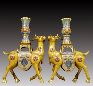 A Pair of Huge Cloisonne Sika Deer Vases