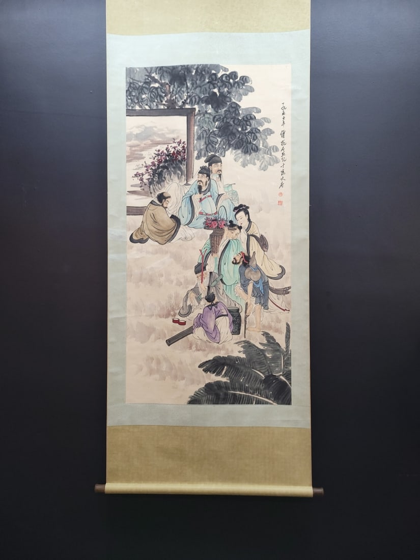 A Chinese Vertical Scroll Ink Painting of Figure on Paper,Fu Baoshi: A Chinese Vertical Scroll Ink Painting of Figure on Paper,Fu Baoshi,Size:(Without frame)26.8inx54.5in 一幅中国水墨人物画立轴,傅&