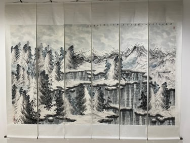 A Set of Chinese Vertical Scroll Ink Painting of Snowscape on Paper,Yu Zhixue