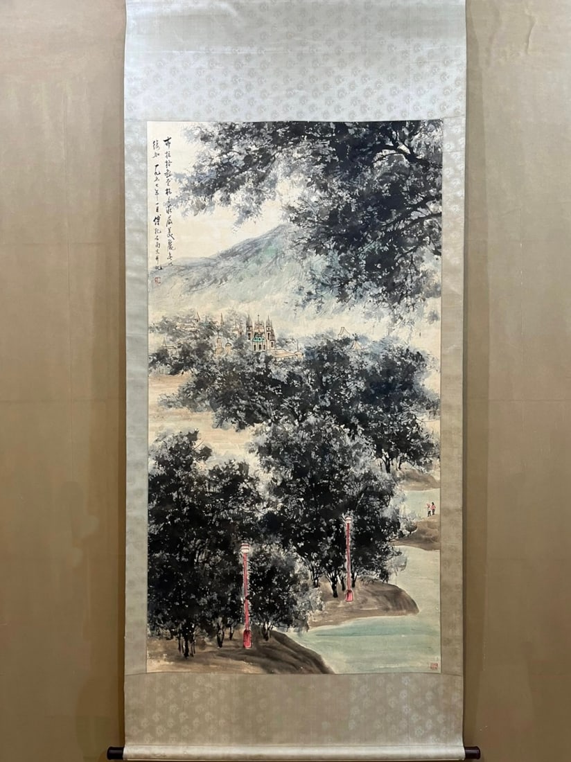A Chinese Painting of Landscape on Paper With a Hanging Scroll: A Chinese Painting of Landscape on Paper With a Hanging Scroll,Modern Time of China,Fu Baoshi​,without frame size: 37inx69.3in​ 一幅中国水墨纸