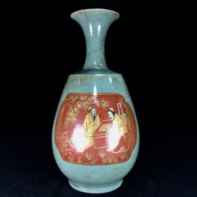 An Exquisite Ru yao Painted Color Figure Pattern Vase,With Poem