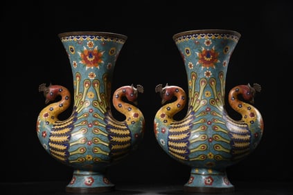 A Pair of Exquisite Cloisonne Peacock Double-Ears Vases