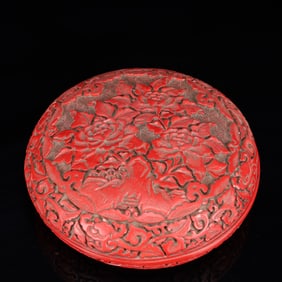 An Exquisite Carved Red Lacquer Peony Pattern Box with Cover