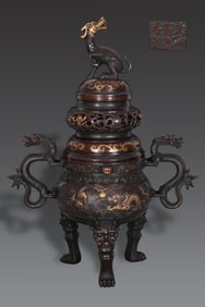 A Huge Gilt Bronze Fish and Dragon Pattern Double-Ears and Tripod Censer