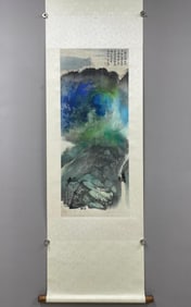 A Chinese Vertical Scroll Ink Painting of Landscape on Paper