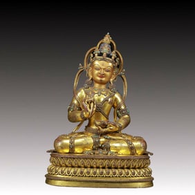 solemn gilt bronze statue of Bodhisattva inlaid with turquoise