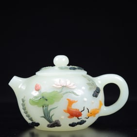 An Exquisite White Jade Inlaid Gems Flower and Fish Pattern Teapot