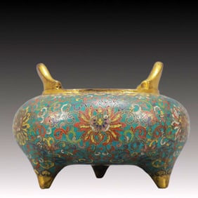 A Exquisite Cloisonne Lotus Pattern Double-Ears and Tripod Censer