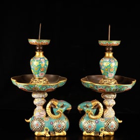 A Pair of Huge Cloisonne Flower Pattern Sheep-Shaped Candlestick