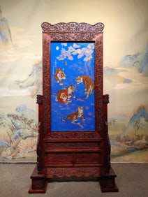 An Exquisite Redwood Inlaid Porcelain Plaques Enamel Tiger Pattern Screen