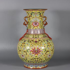 An Exquisite Famille-Rose Lotus Pattern Double-Ears Vase
