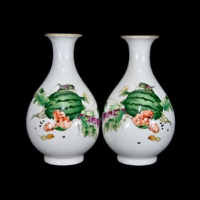 A Pair of Exquisite Enamel Melon and Fruit Pattern Vases,with Poem