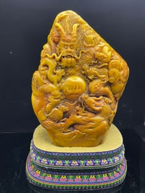 An Exquisite Shoushan Stone Auspicious Cloud and Dragon Pattern Ornament,With Poem