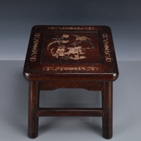 An Exquisite Zitanwood Inlaid Gems Flower and Bird Pattern Stool