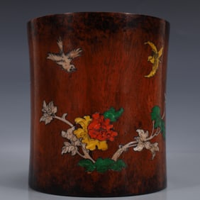 An Exquisite Huanghuali wood Inlaid Gems Flower and Bird Pattern Brush Pot, With poem