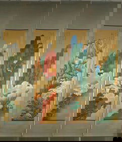 A Set of Chinese Vertical Scroll Ink Painting of Landscape and Figure on Paper