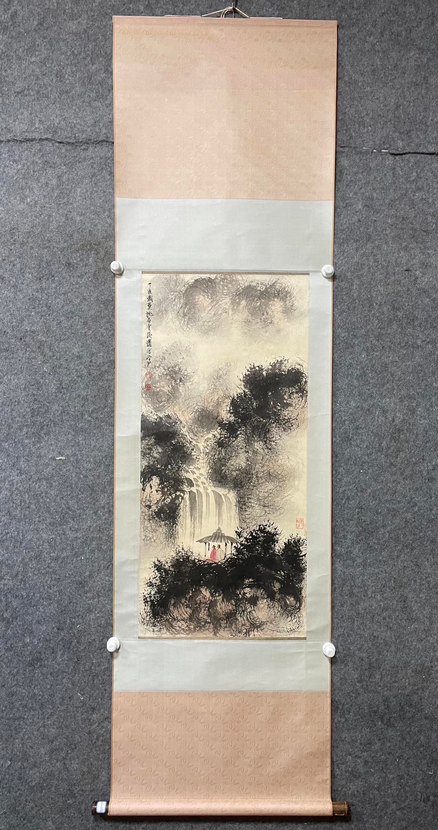 A Chinese Vertical Scroll Ink Painting of Landscape on Paper: A Chinese Vertical Scroll Ink Painting of Landscape on Paper,Fu Baoshi,Size:17.3inx37.4in 一幅中国水墨山水画立轴,傅抱ĳ