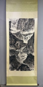 A Chinese Vertical Scroll Ink Painting of Landscape on Paper