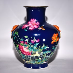 A Huge Ruby Blue Glazed Famille-Rose Flower Pattern Beast-Ears Vase,with Poem