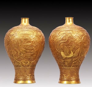 A Pair of Rare Gilt Bronze Dragon and Phoenix Pattern Vases
