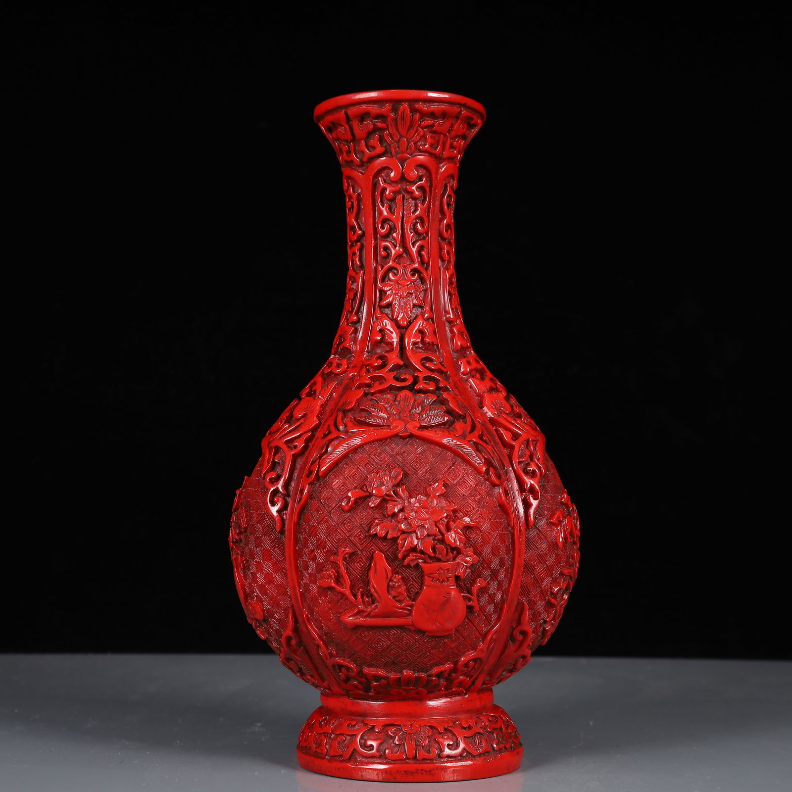 An Exquisite Carved Red Lacquer Flower Pattern Vase (1 of 6)