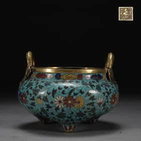 A Rare Cloisonne Lotus Pattern Chi-Dragon-Ears and Tripod Censer