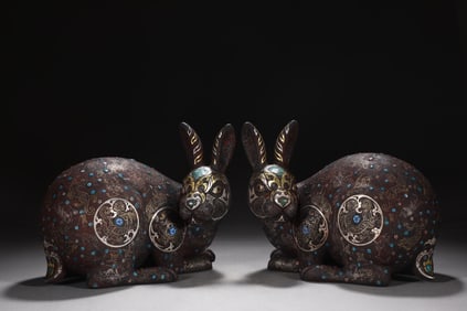 A Pair of Rare Bronze Inlaid Gold and Silver Rabbit Ornaments