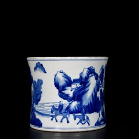 An Exquisite Blue and White Landscape and Figure Pattern Brush Pot