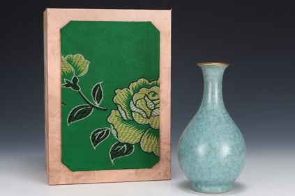 An Exquisite Ru yao Sky Blue Glazed Painted Gold Vase