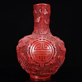 A Huge Carved Red Lacquer Figure and Bats Pattern Vase