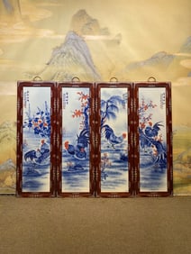 A Set of Fine Redwood Painted Color Inlaid Porcelain Plaques Blue and White Rooster Pattern Screens