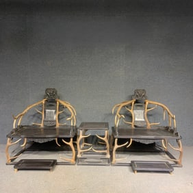 A Set of Fine huali wood Dragon Pattern Deer Antler Throne