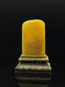 An Exquisite Shoushan Stone Character and Story Pattern Seal,With Base