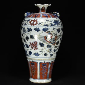 A Huge Blue and White Underglaze-Red Painted Gold Flower and Bird Pattern Vase