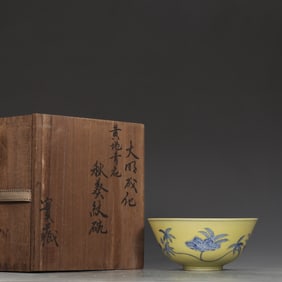 An Exquisite Yellow Ground Blue and White Flower Pattern Bowl