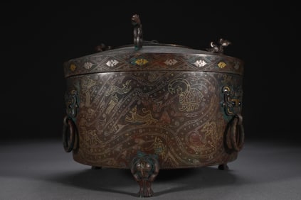 A Rare Bronze Inlaid Gold and Silver Auspicious Beast Pattern Double-Ears and Tripod Censer
