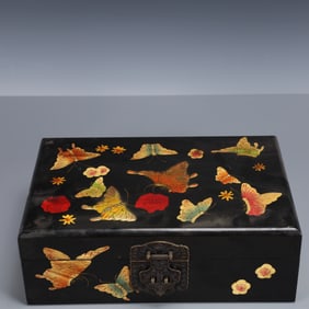 An Exquisite Zitanwood Inlaid Gems Butterfly Pattern Box