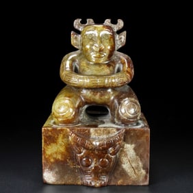 An Exquisite White Jade Beast-Face Pattern Figure Seal