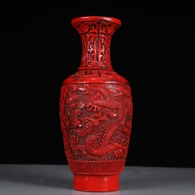 An Exquisite Carved Red Lacquer Auspicious Cloud and Dragon Pattern Vase