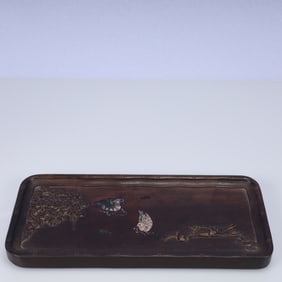 A Rare Zitanwood Inlaid Gems Mandarin Duck Pattern Plate