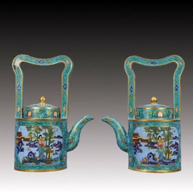 A Pair of Rare Cloisonne Figure Pattern Ewers