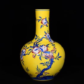 A Rare Yellow Glazed Blue and White Bats and Peach Pattern Vase