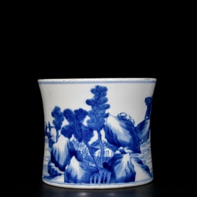An Exquisite Blue and White Landscape and Figure Pattern Brush Pot