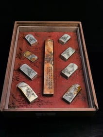 A Set of Fine Tianhuang Stone Landscape and Figure Pattern Seals,with Poem