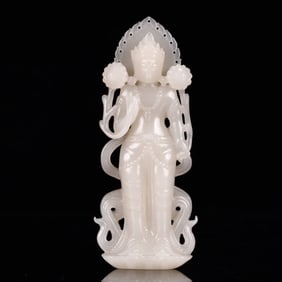 An Exquisite White Jade Statue of Avalokitesvara