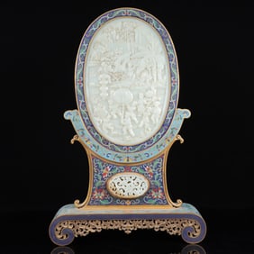 An Exquisite Cloisonne Inlaid White Jade Figure Pattern Table Screen,with poem